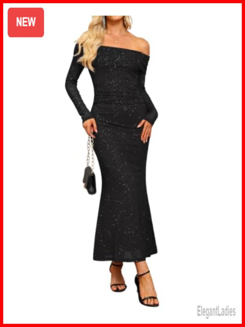 Women Off Shoulder Long Sleeve Sequin Bodycon Maxi Formal Dress